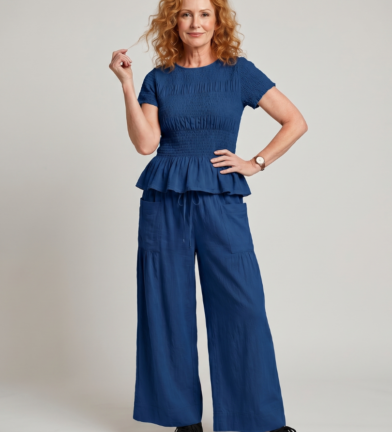 Eirenne | Peplum Detalės Smock Topas Ir Plati Kelnės Komplektas
