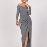 Tindra | Off Shoulder Ruched Slit Midi Dress
