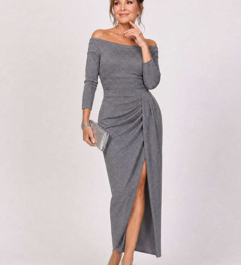 Tindra | Off Shoulder Ruched Slit Midi Dress