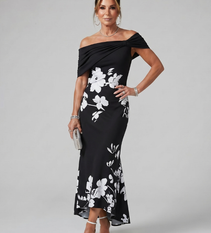 Cosma | Off Shoulder Draped Neckline Midi Suknelė