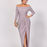 Tindra | Off Shoulder Ruched Slit Midi Dress