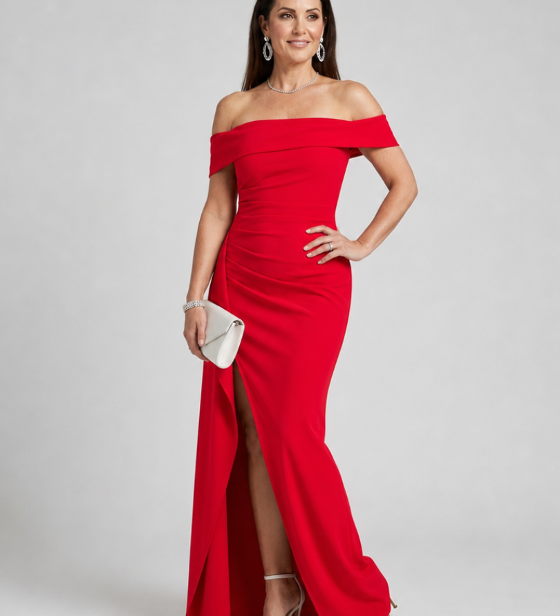 Vionelle | Off Shoulder Aukšto Šono Skeltuko Maxi Suknelė