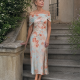 Imore | Minkštas gėlių raštas, off shoulder, prigludęs midi suknelė