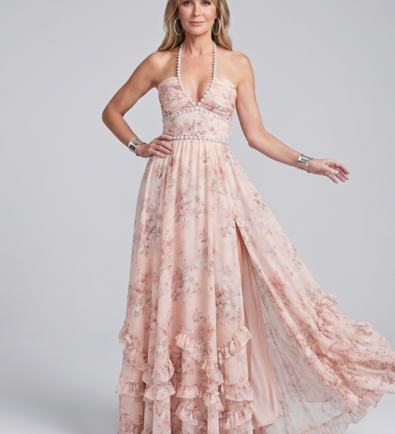 Alessia | Halter tipo gėlėmis dekoruota maxi suknelė