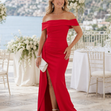 Vionelle | Off Shoulder Aukšto Šono Skeltuko Maxi Suknelė