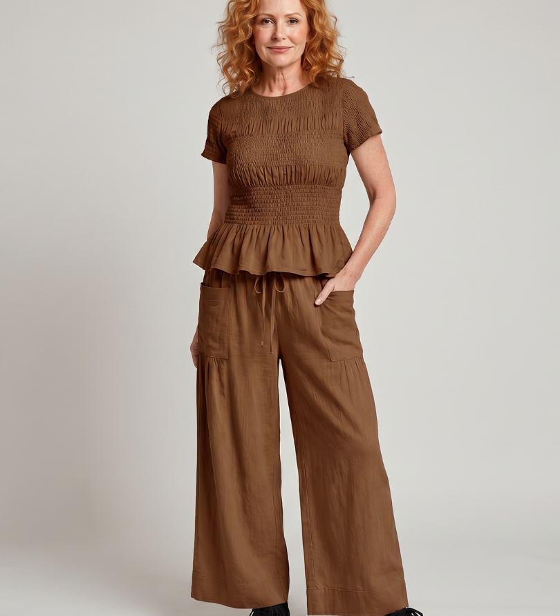 Eirenne | Peplum Detalės Smock Topas Ir Plati Kelnės Komplektas