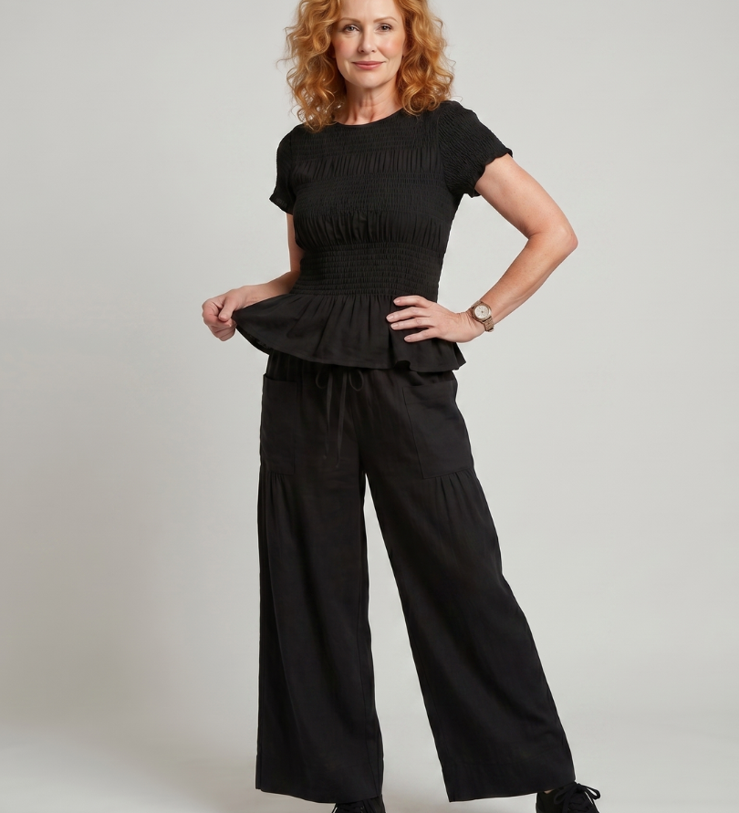 Eirenne | Peplum Detalės Smock Topas Ir Plati Kelnės Komplektas