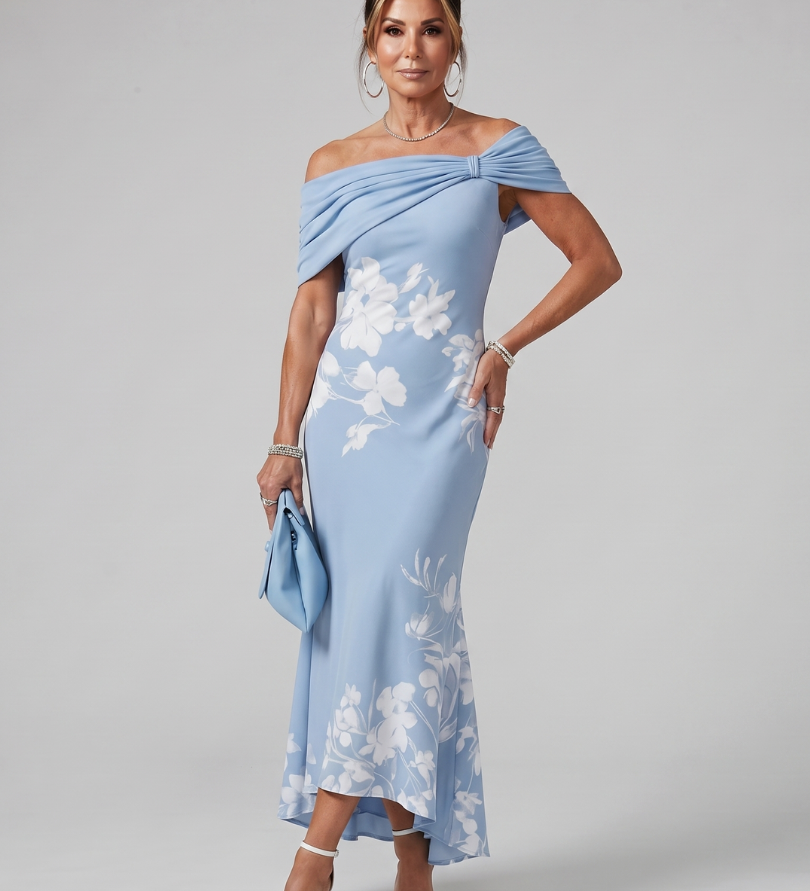 Cosma | Off Shoulder Draped Neckline Midi Suknelė