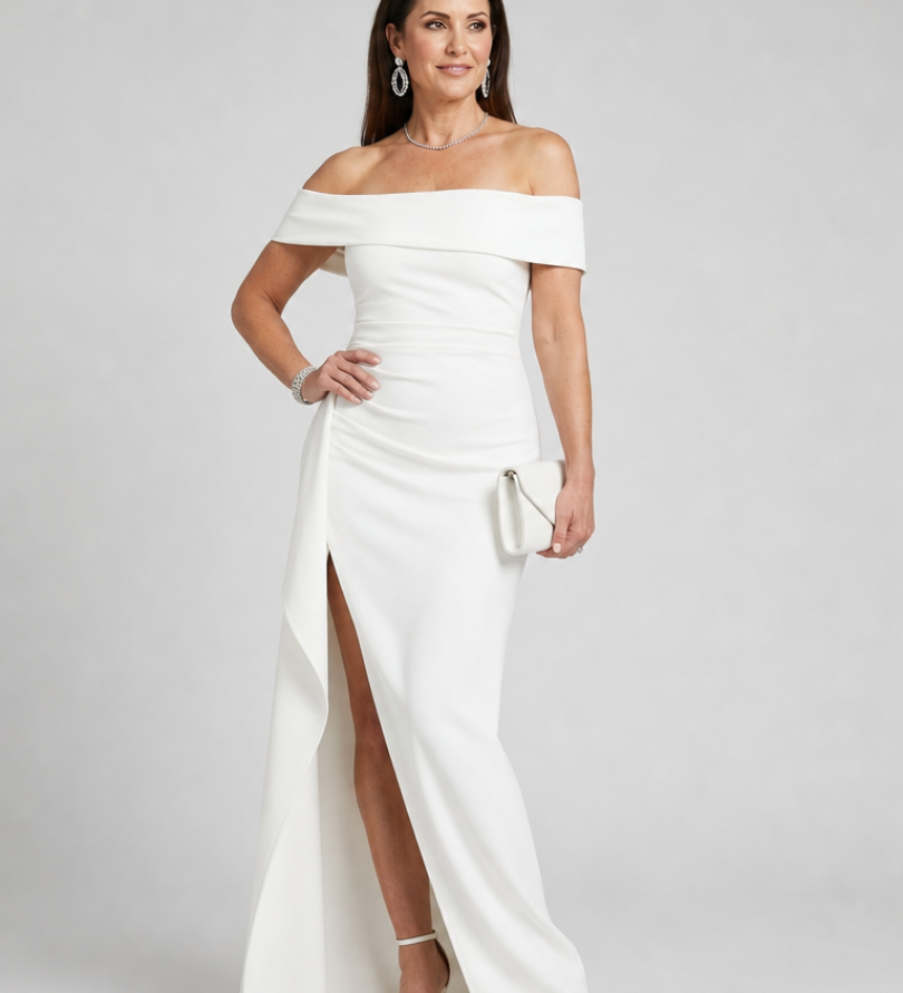 Vionelle | Off Shoulder Aukšto Šono Skeltuko Maxi Suknelė