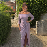 Tindra | Off Shoulder Ruched Slit Midi Dress